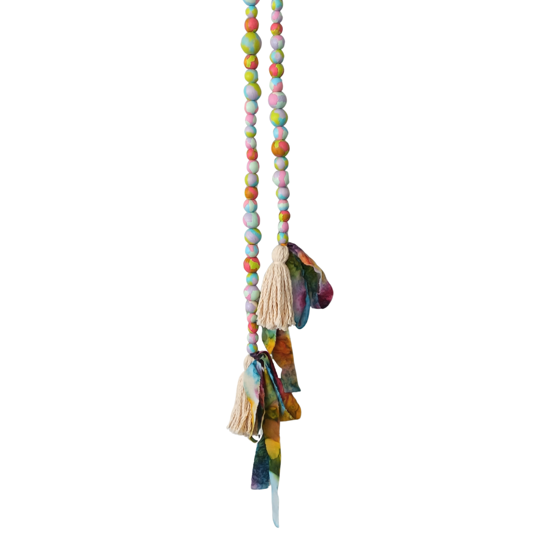 Handpainted wooden bead garland with raw cotton tassels