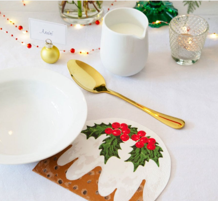 Botanical Holly Christmas Pudding Shaped Napkins