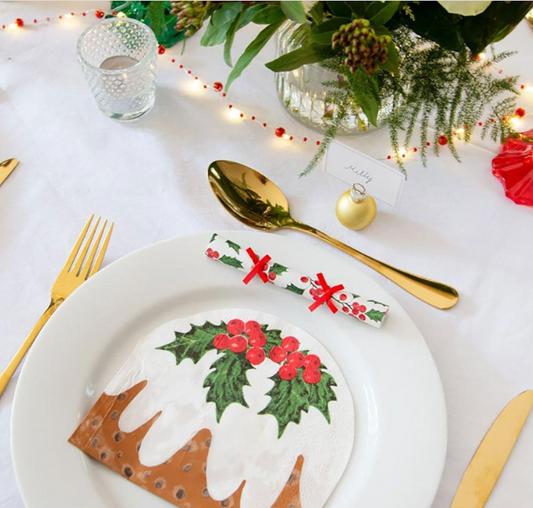 Botanical Holly Christmas Pudding Shaped Napkins