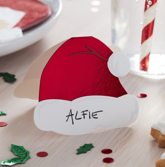 Red foiled Santa hat shaped place cards