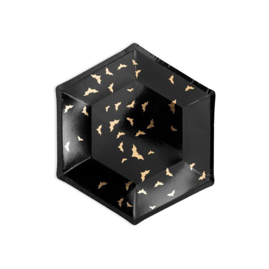 Black hexagonal plate with gold bat patterns on a white background