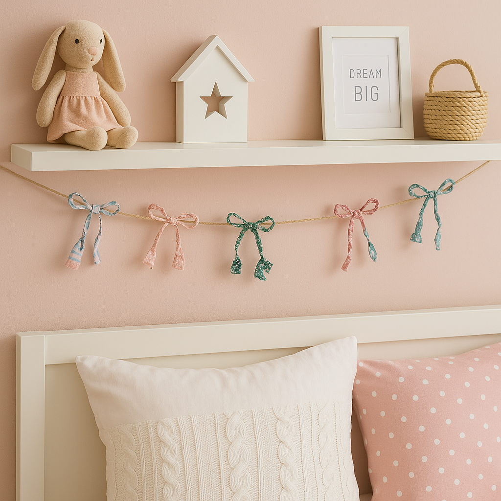 fabric twine bow garland in bedroom