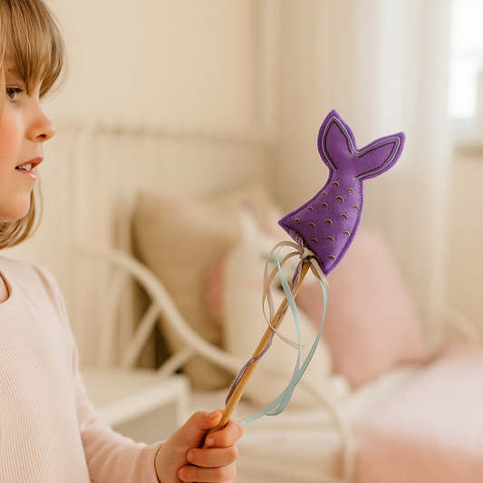 Child holding a purple toy with a tail, standing in a softly lit room.