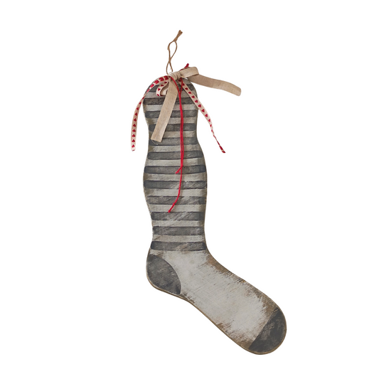 Grey Striped Wooden Stocking Hanging Decor