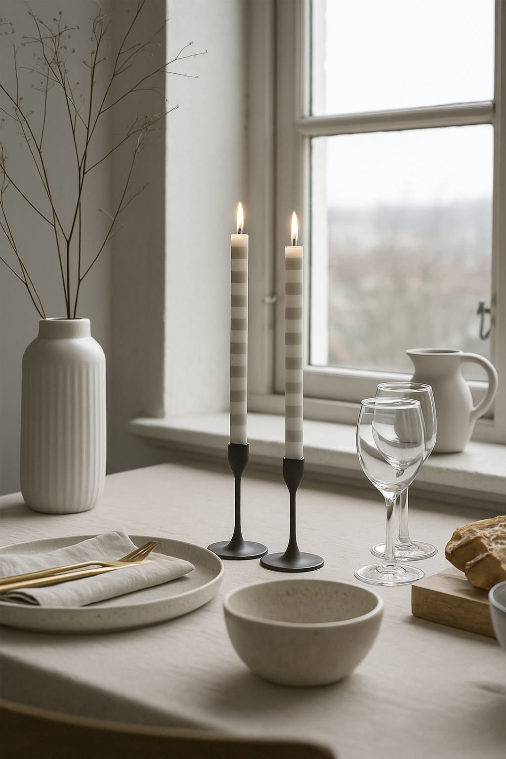 Hand Painted Dinner Candle Pair - Fun Stripes - Grey