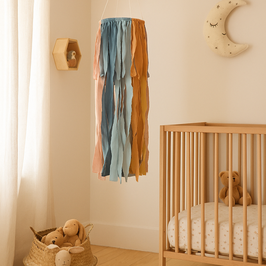 Nursery room with wooden crib, toys, and colorful hanging mobile.