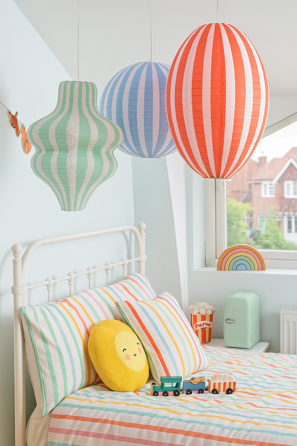 Children's bedroom with colorful striped balloons, bed, and toys.