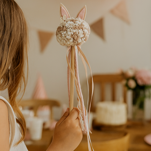 Person holding a decorative item with bunny ears and ribbons in a festive room with balloons and a cake.
