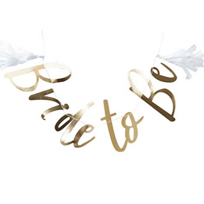 Gold 'Bride to Be' banner with tassels on a white background
