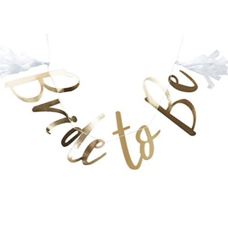 Gold 'Bride to Be' banner with tassels on a white background