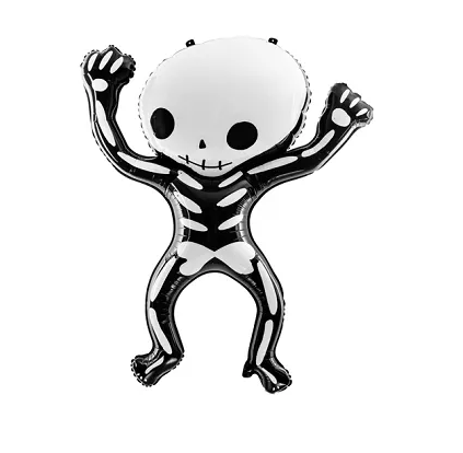 Skeletal character balloon with arms raised on a white background