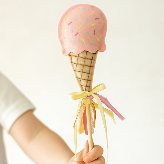 Ice cream wands with pink ice cream and sprinkles, held by a child's hand, against a plain background.