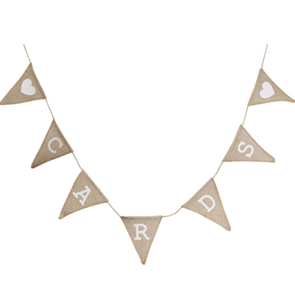 Bunting banner with triangle flags spelling 'CARDS' on a white background