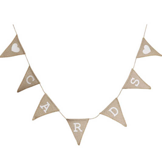 Bunting banner with triangle flags spelling 'CARDS' on a white background