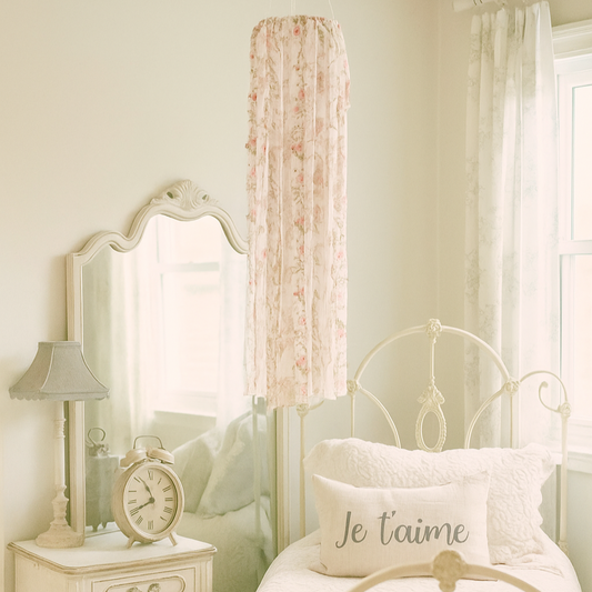 Neatly decorated bedroom with a bed, nightstand, mirror, and lamp.