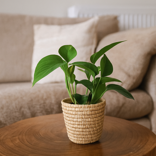 Potted plant on a wooden table with a beige sofa in the background