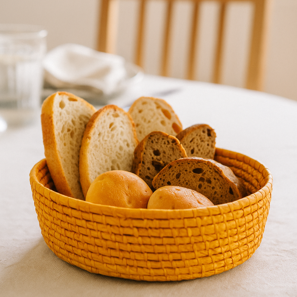 Basket of bread on a table with a blurred background