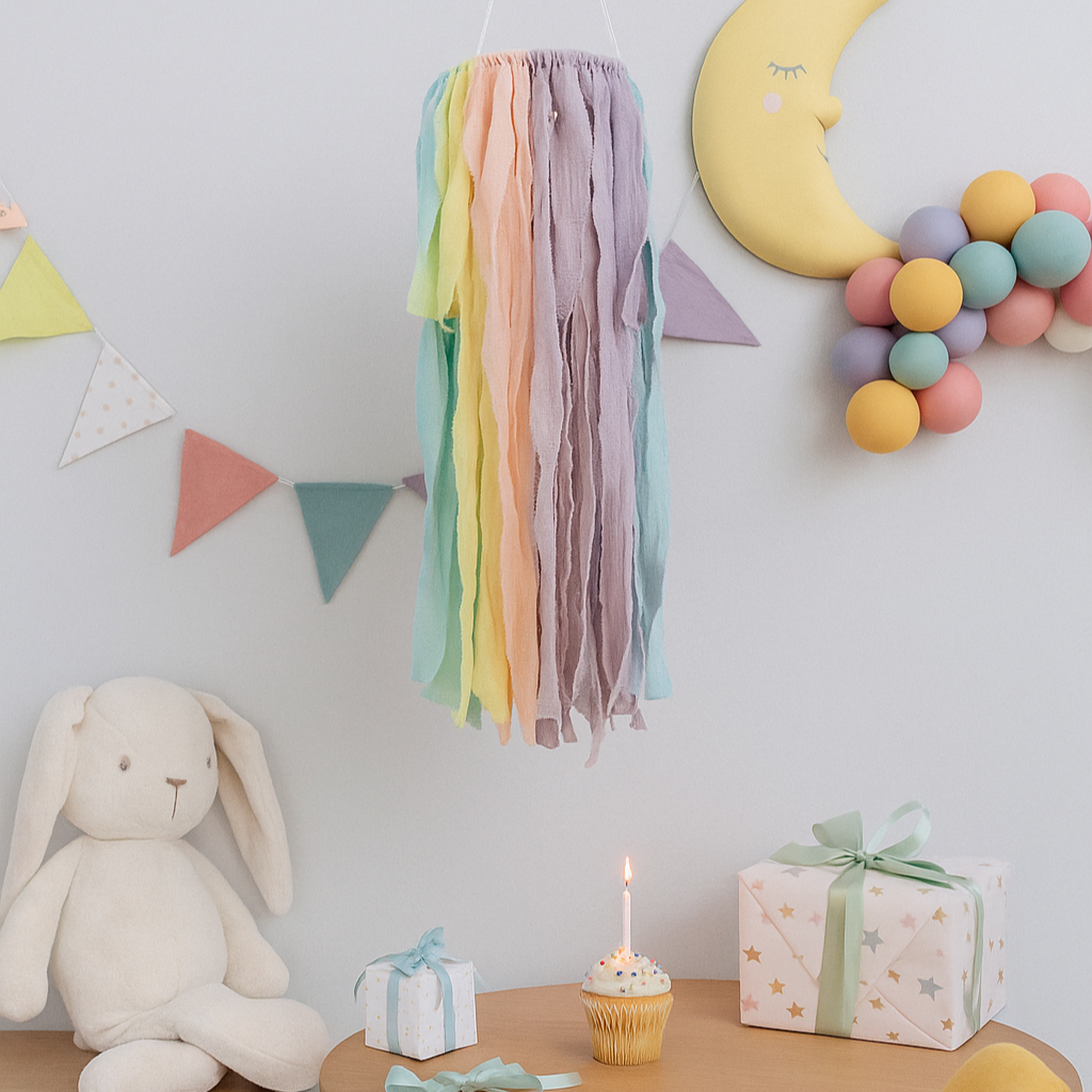 Children's room with colourful decorations, a plush bunny, and a small table with a candle and gift box.