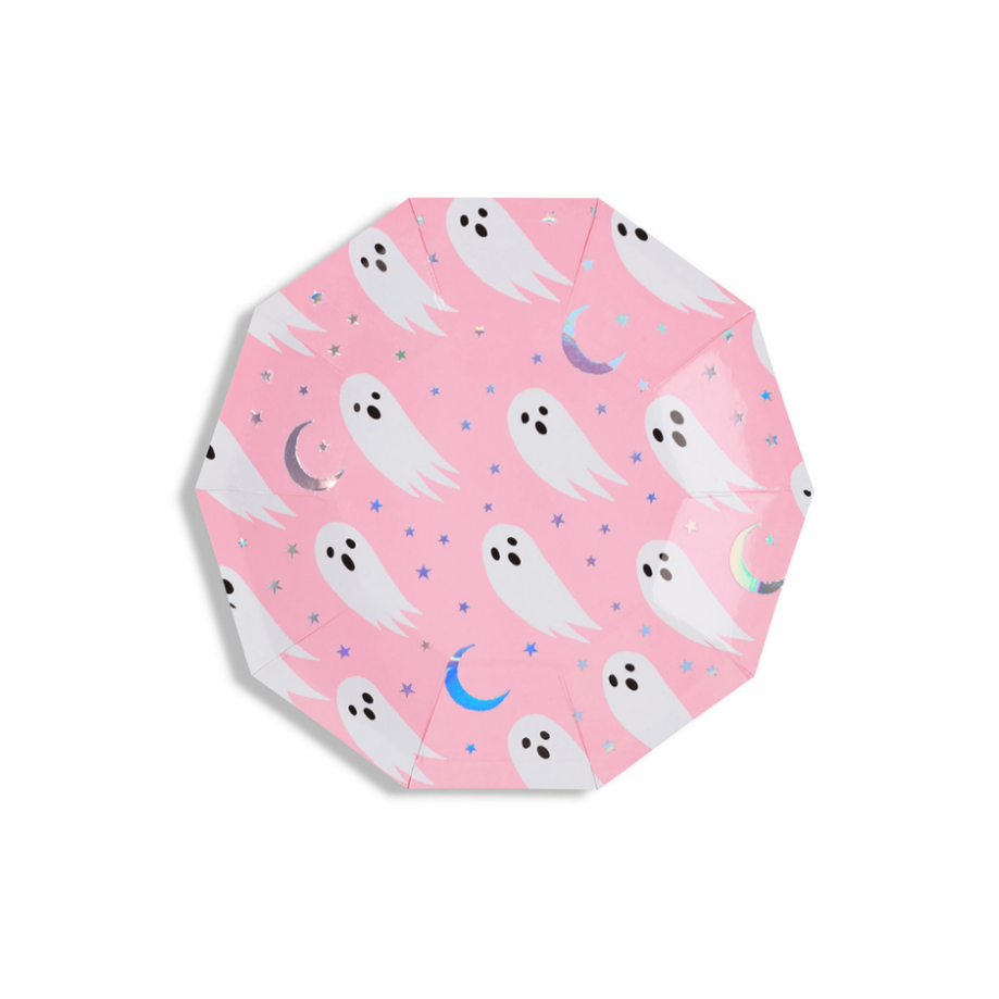 Pink hexagonal plate with ghost pattern on a white background