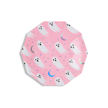 Pink hexagonal plate with ghost pattern on a white background