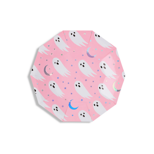 Pink hexagonal plate with ghost pattern on a white background