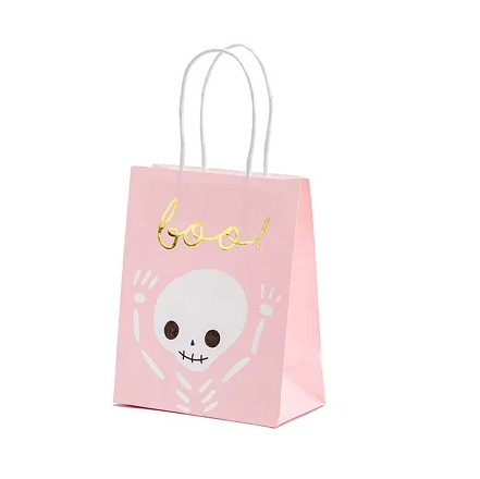 Pink Halloween-themed gift bag with skull design and 'boo!' text on a white background