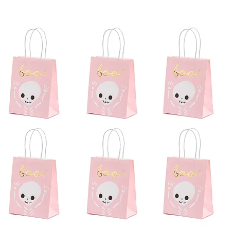 Set of six pink gift bags with skull designs and 'boo!' text on a white background