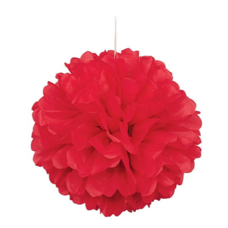 Red tissue paper pom-pom on a white background