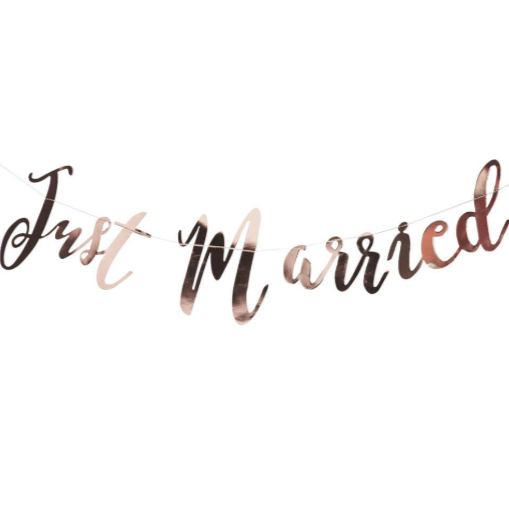 Rose gold 'Just Married' banner on a white background