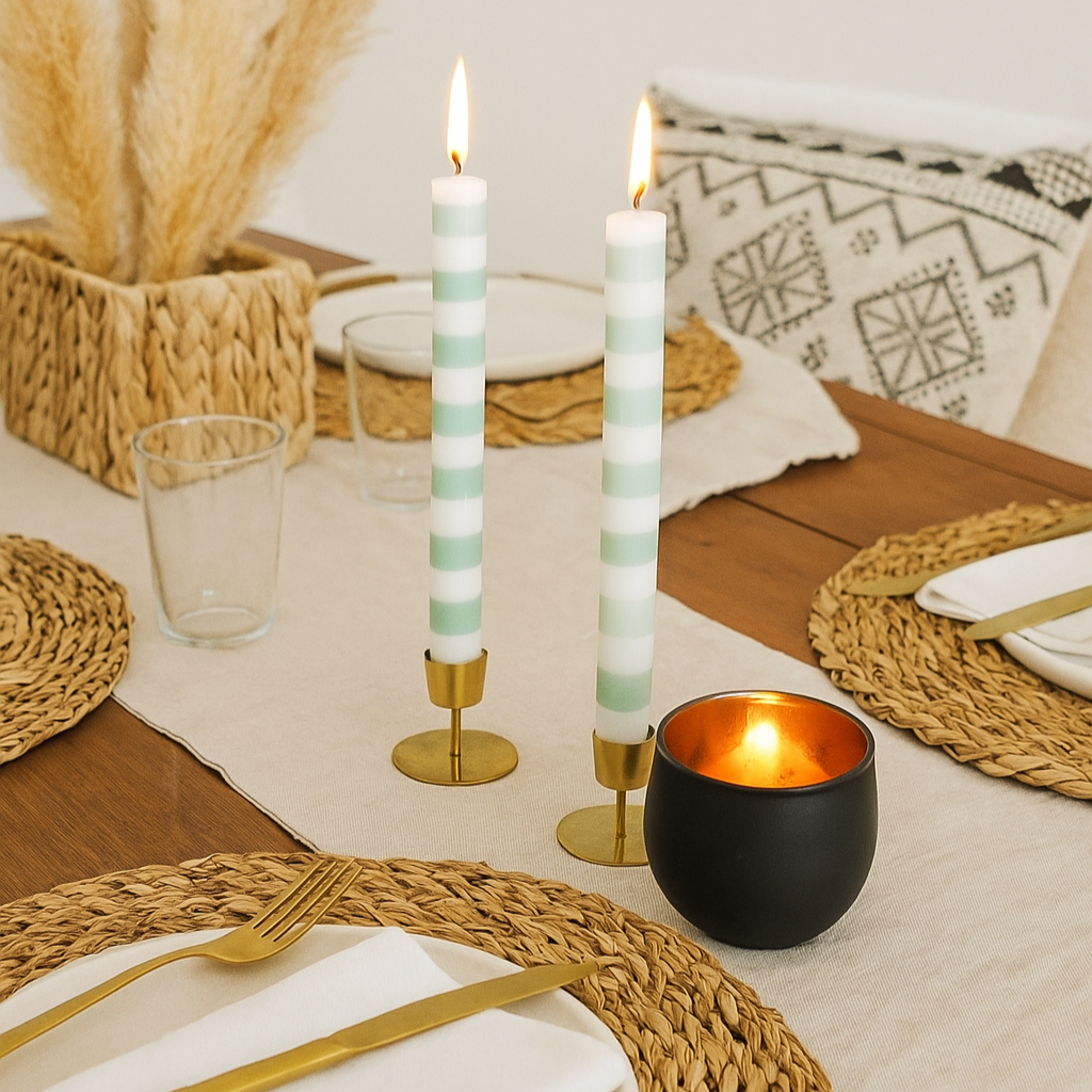 Elegant table setting with candles, gold cutlery, and woven placemats.