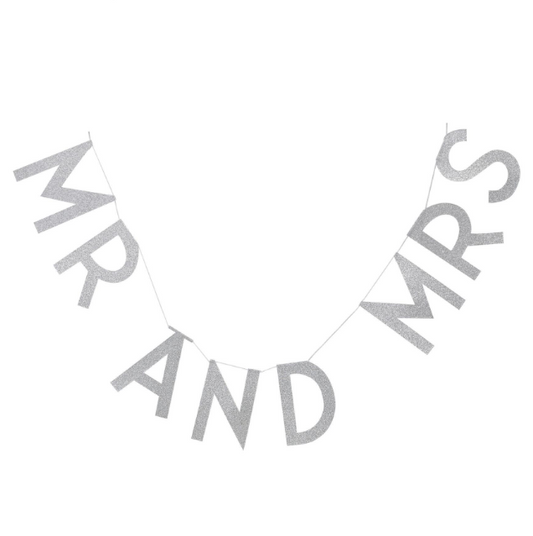 Decorative banner with 'MR AND MRS' text on a white background