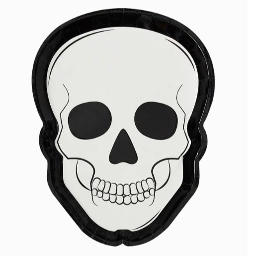 Skull-shaped plate with black border on a white background