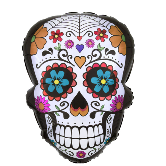 Decorative skull-shaped balloon with colourful floral designs on a white background