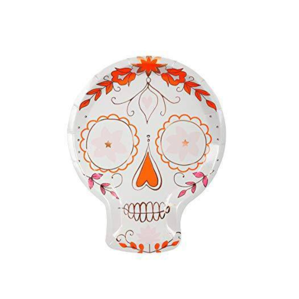 Decorative skull plate with orange and pink floral patterns on a white background
