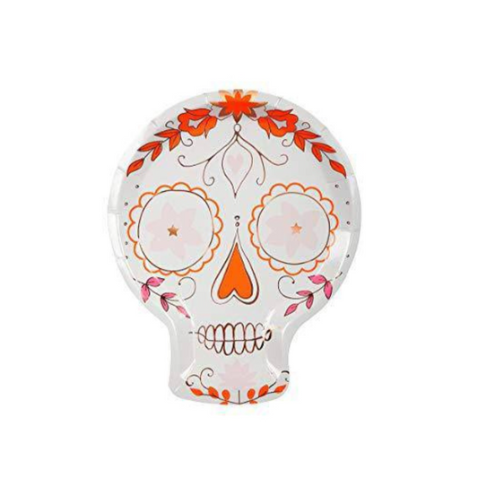 Decorative skull plate with orange and pink floral patterns on a white background