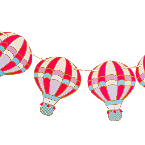 Decorative garland with colourful hot air balloon designs on a white background