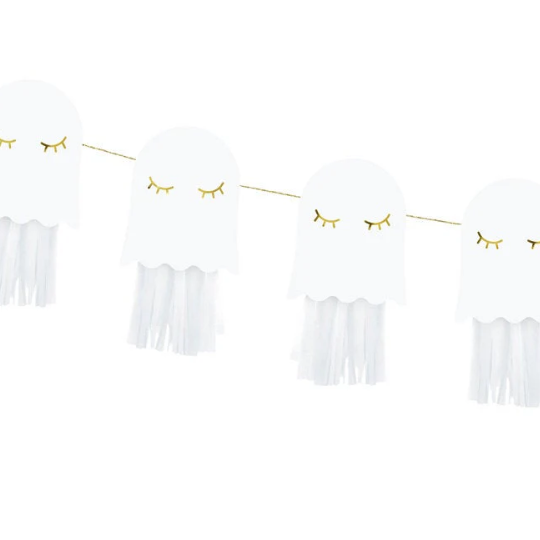 Decorative banner with tassels and gold eye shapes on a white background