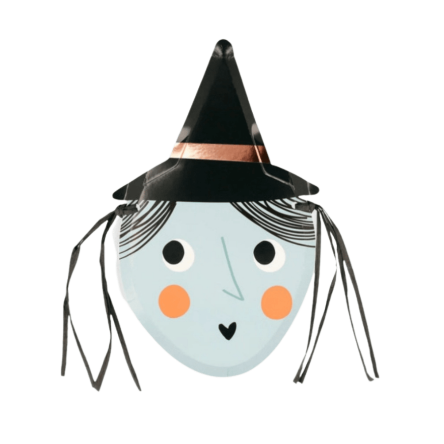 Halloween-themed decoration with a witch face and black hat on a white background