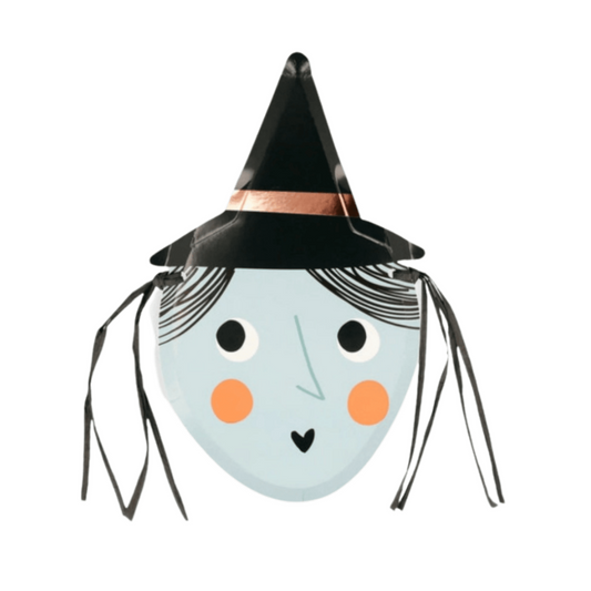 Halloween-themed decoration with a witch face and black hat on a white background