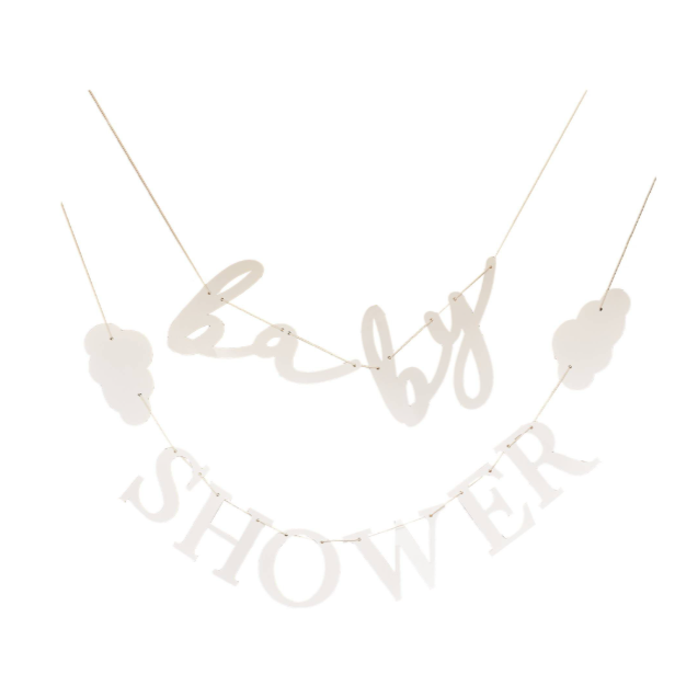 White baby shower banner with decorative elements on a white background