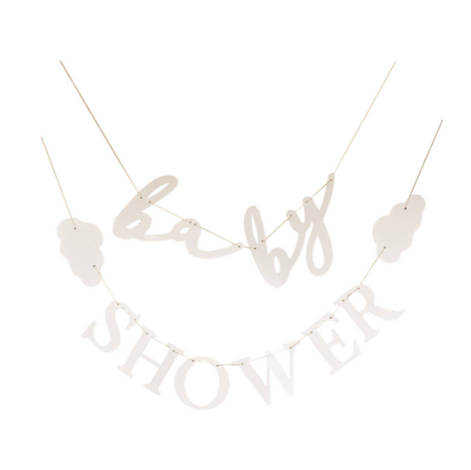 White baby shower banner with decorative elements on a white background