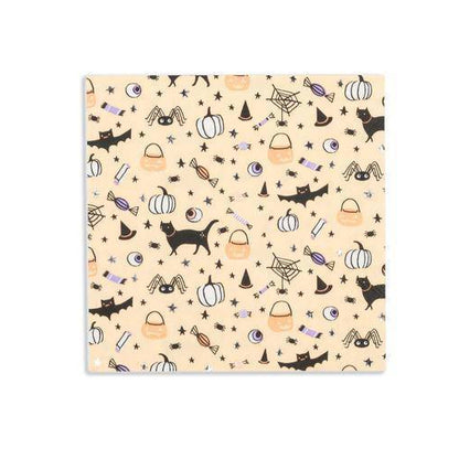 Halloween-themed pattern with cats, pumpkins, and ghosts on a beige background