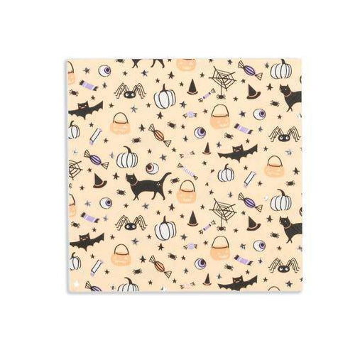 Halloween-themed pattern with cats, pumpkins, and ghosts on a beige background
