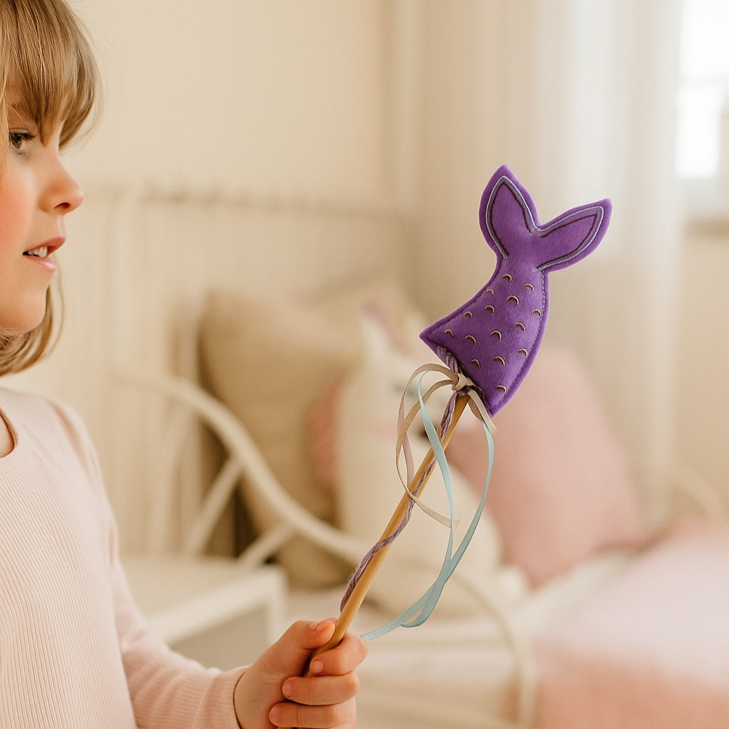 Child holding a purple toy with a tail, standing in a softly lit room.