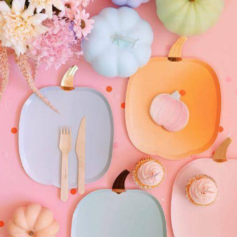 Colorful pumpkins, plates, and flowers on a pink background