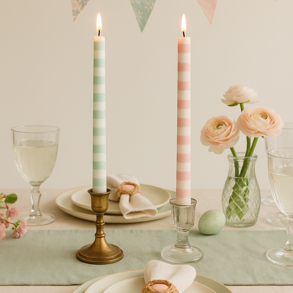 Elegant table setting with pastel candles, plates, and flowers under a decorative banner.