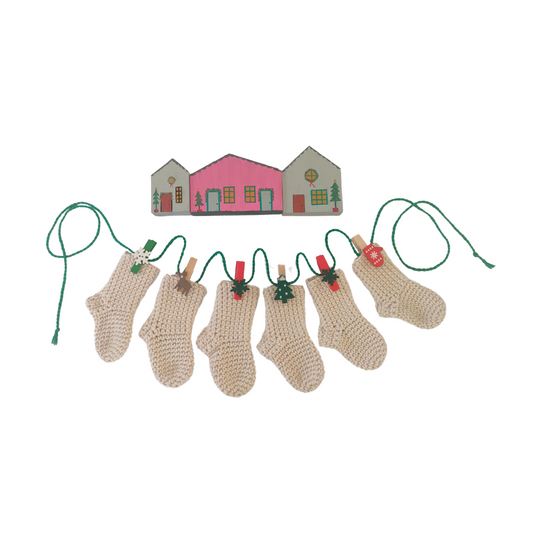 Crocheted Stocking Garland with Handpainted Wooden Houses