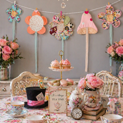 Vintage tea party setup with floral decorations and teacups on a table.