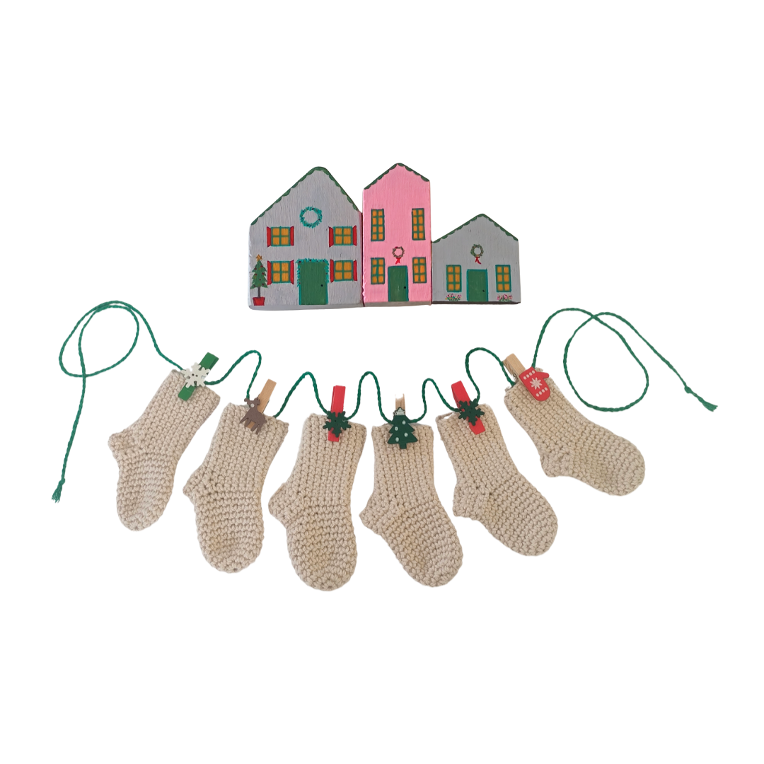 Crocheted Stocking Garland with Handpainted Wooden Houses