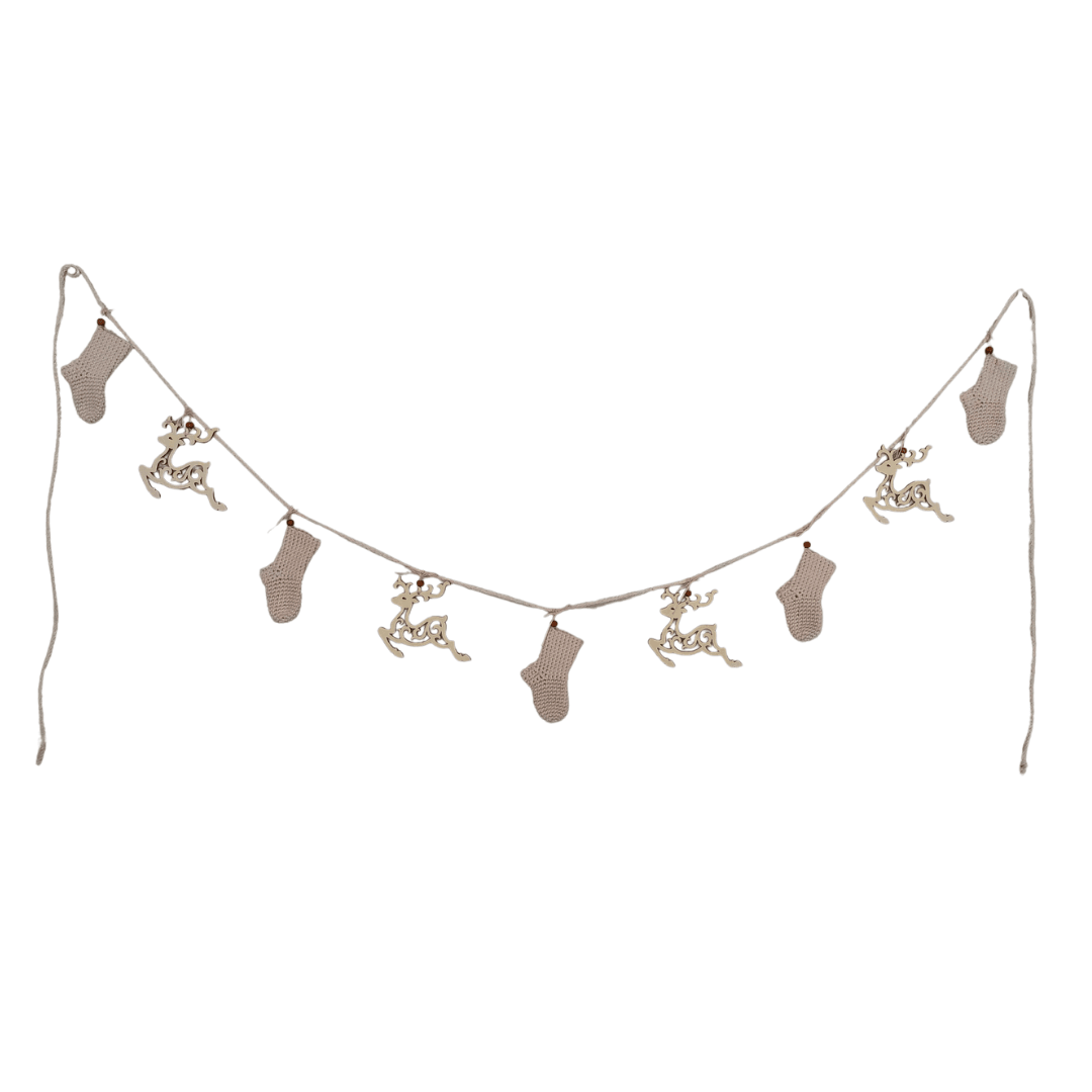 Crocheted Stockings and Wooden Reindeer Garland